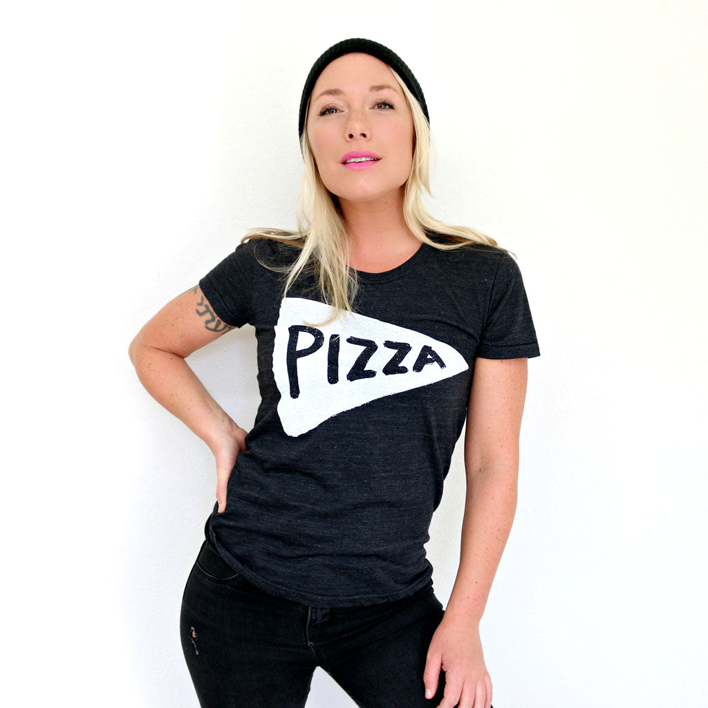 Womens Vintage Black Short Sleeve Pizza Graphic Tee